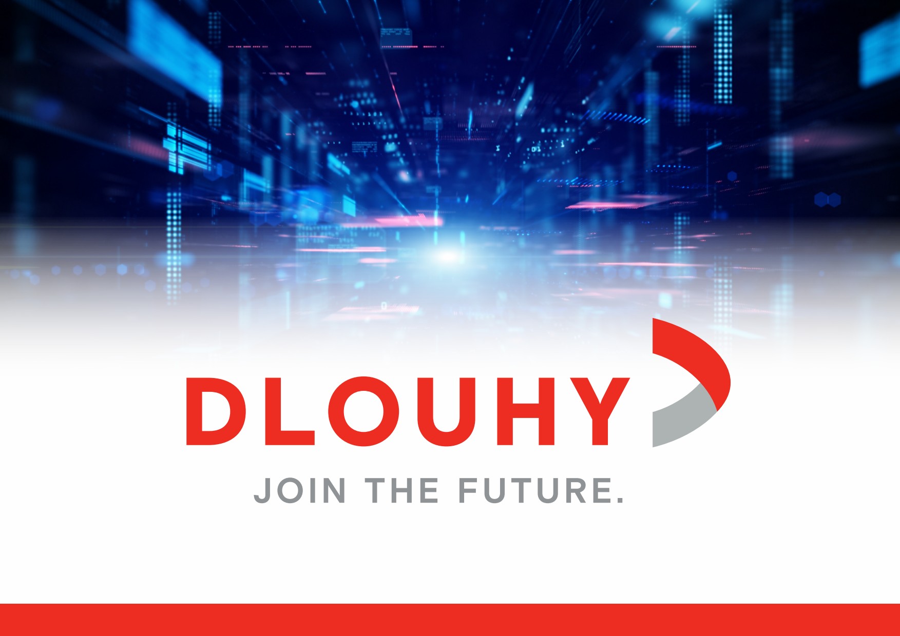 Join-the-Future-Flyer mit DLOUHY-Logo und futuristischem Technologiemotiv.